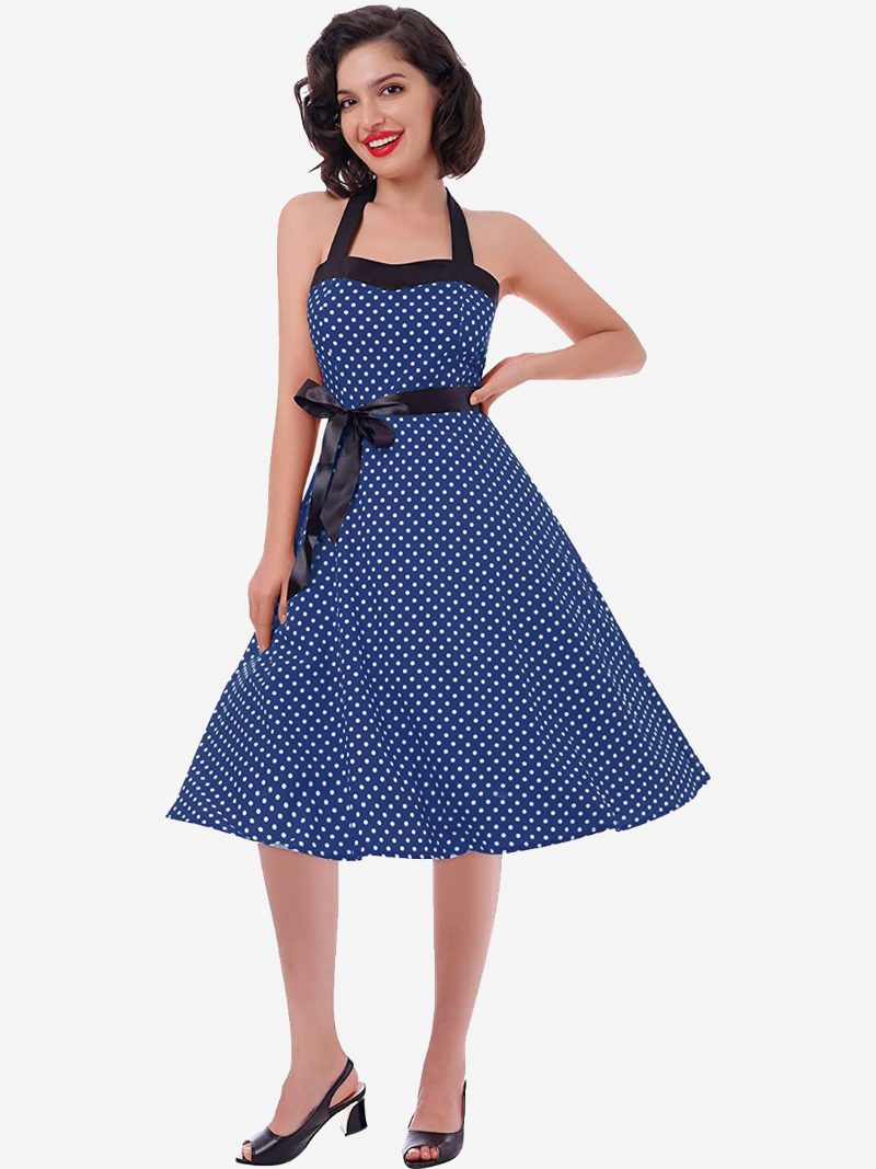 Polka Dot Vintage-kleider Für Damen Neckholder Schleifen Rückenfrei Baumwolle Retro-pin-up-kleid - Dunkles Marineblau