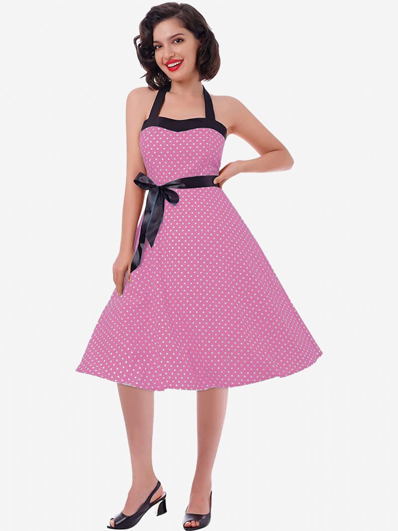 Polka Dot Vintage-kleider Für Damen Neckholder Schleifen Rückenfrei Baumwolle Retro-pin-up-kleid - Rosa