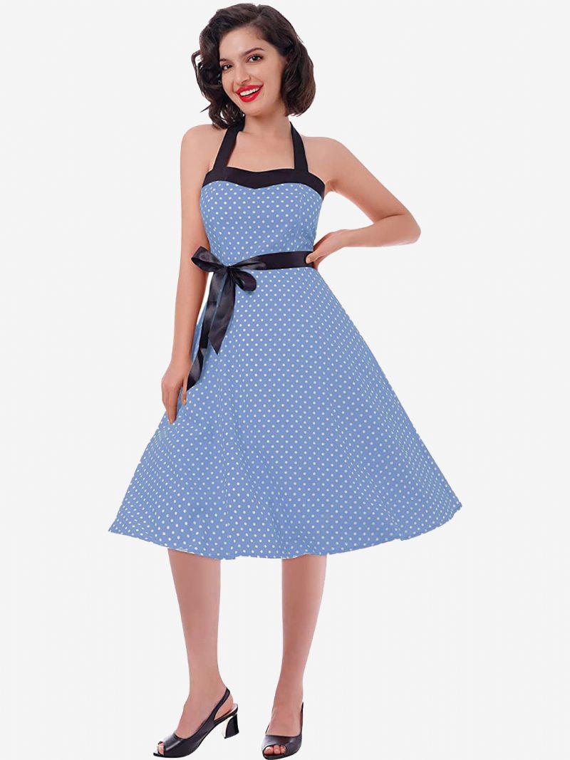 Polka Dot Vintage-kleider Für Damen Neckholder Schleifen Rückenfrei Baumwolle Retro-pin-up-kleid - Helles Himmelblau