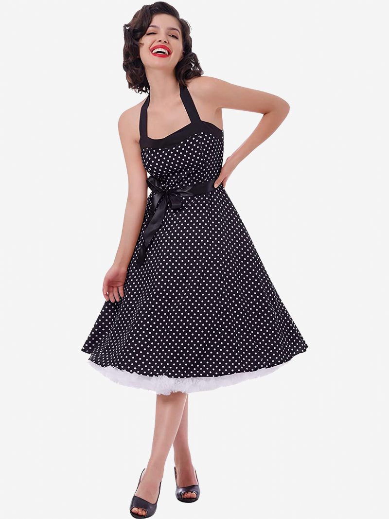 Polka Dot Vintage-kleider Für Damen Neckholder Schleifen Rückenfrei Baumwolle Retro-pin-up-kleid - Schwarz