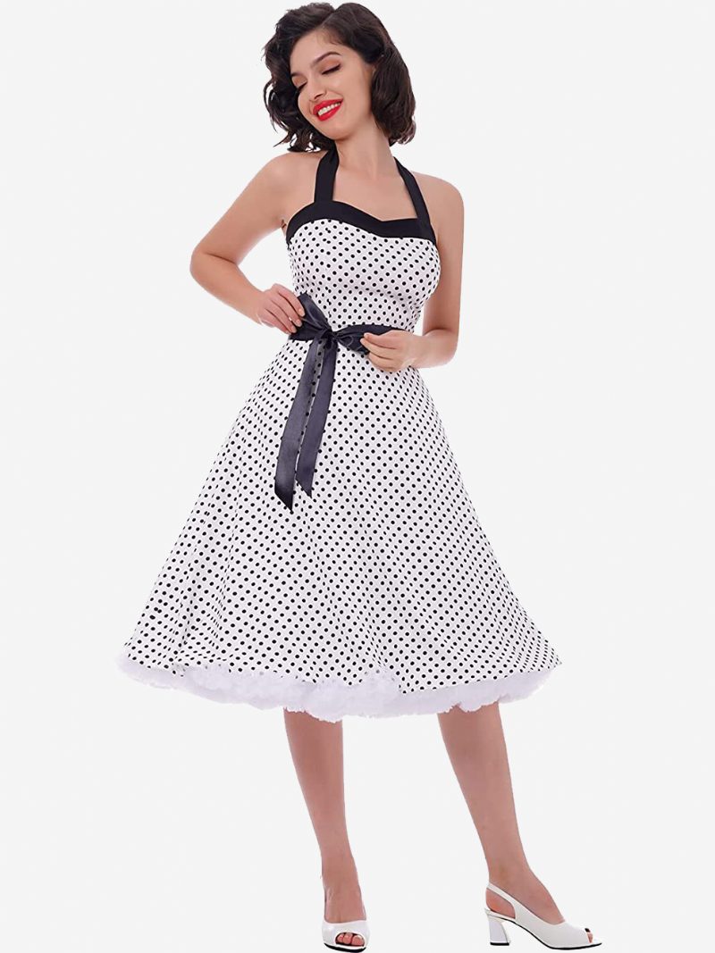 Polka Dot Vintage-kleider Für Damen Neckholder Schleifen Rückenfrei Baumwolle Retro-pin-up-kleid - Weiß