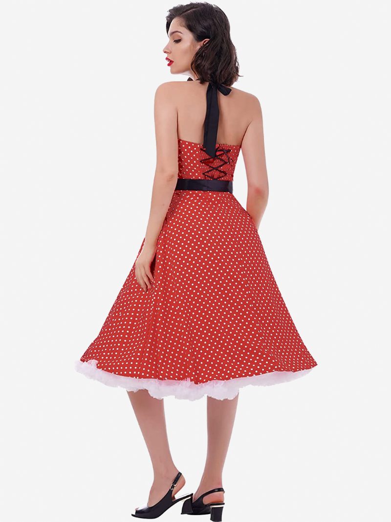 Polka Dot Vintage-kleider Für Damen Neckholder Schleifen Rückenfrei Baumwolle Retro-pin-up-kleid - Burgund