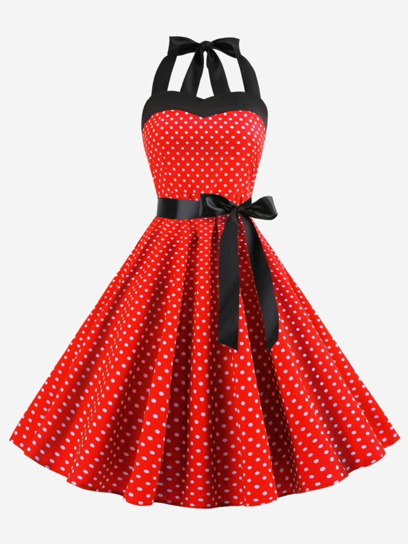 Polka Dot Vintage-kleider Für Damen Neckholder Schleifen Rückenfrei Baumwolle Retro-pin-up-kleid - Burgund