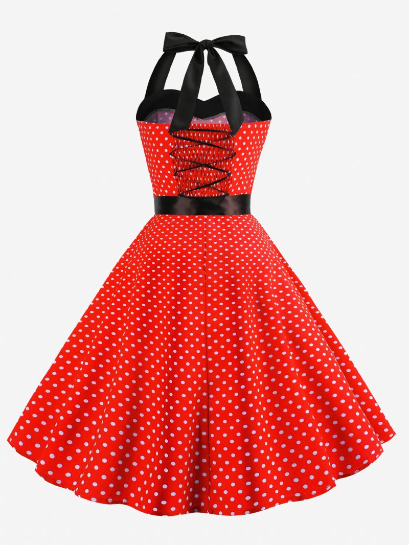 Polka Dot Vintage-kleider Für Damen Neckholder Schleifen Rückenfrei Baumwolle Retro-pin-up-kleid - Burgund