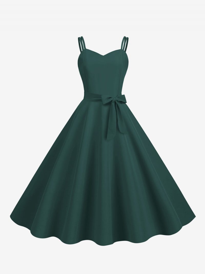 Retro-kleid Für Damen 1950er-jahre Herzförmiger Ausschnitt Schärpe Ärmellos Mittelgroß Rockabilly-kleid - Dunkelgrün