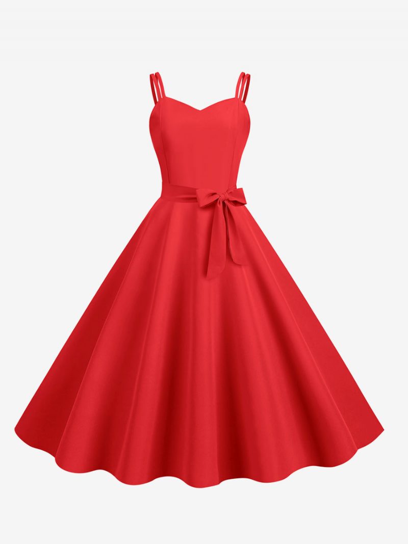 Retro-kleid Für Damen 1950er-jahre Herzförmiger Ausschnitt Schärpe Ärmellos Mittelgroß Rockabilly-kleid - Rot