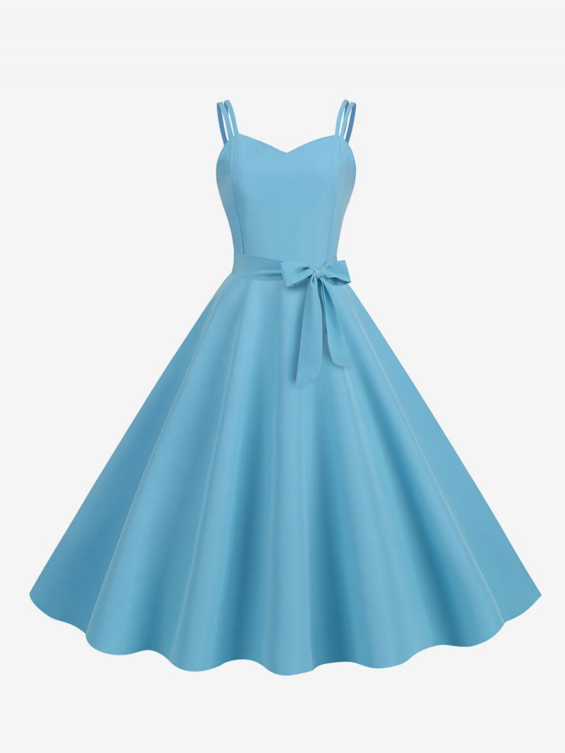 Retro-kleid Für Damen 1950er-jahre Herzförmiger Ausschnitt Schärpe Ärmellos Mittelgroß Rockabilly-kleid - Helles Himmelblau