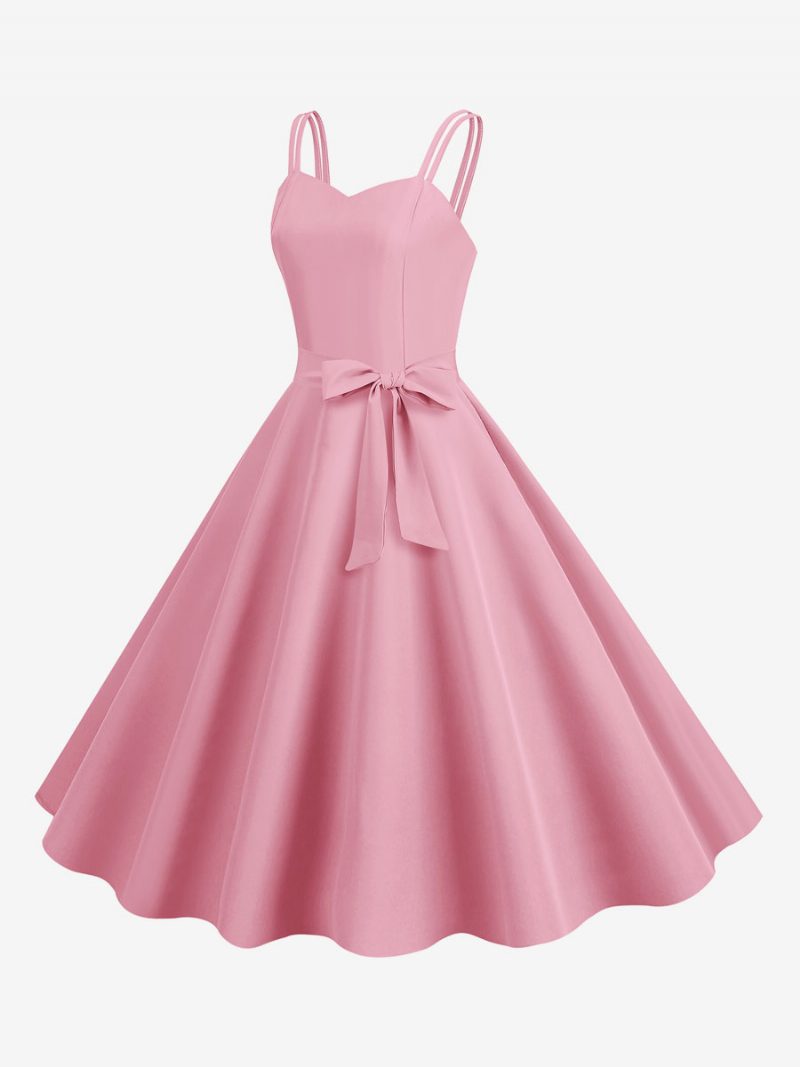 Retro-kleid Für Damen 1950er-jahre Herzförmiger Ausschnitt Schärpe Ärmellos Mittelgroß Rockabilly-kleid - Rosa