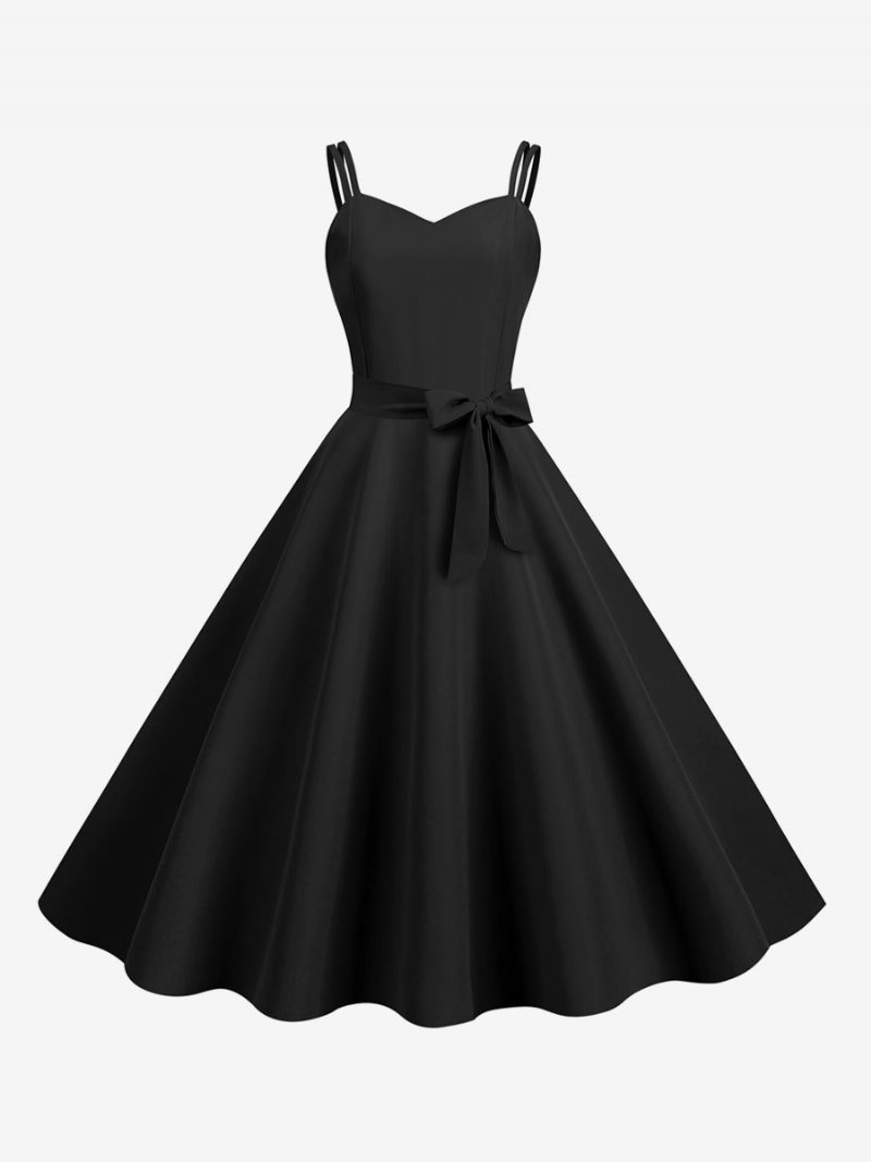 Retro-kleid Für Damen 1950er-jahre Herzförmiger Ausschnitt Schärpe Ärmellos Mittelgroß Rockabilly-kleid - Schwarz