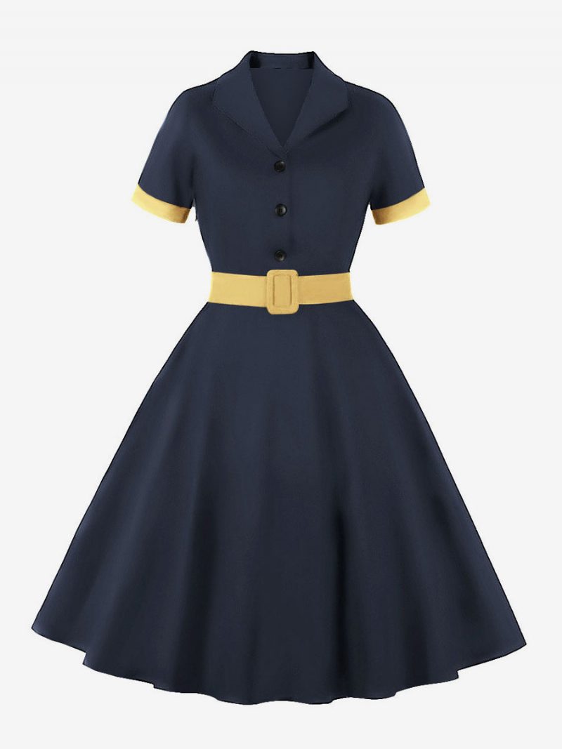 Retro-kleid Im Audrey-hepburn-stil Der 1950er Jahre Blau-graues Damen-rockabilly-kleid Mit Kurzen Ärmeln - Blaugrau