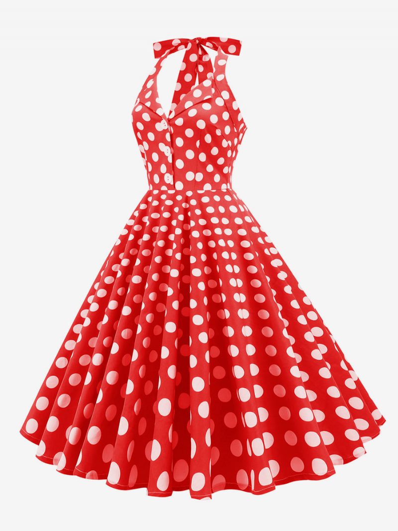 Retro-kleid Im Audrey-hepburn-stil Der 1950er Jahre Dunkles Marineblau Gepunktetes Damen-rockabilly-kleid Mit Knöpfen Ärmellos - Rot