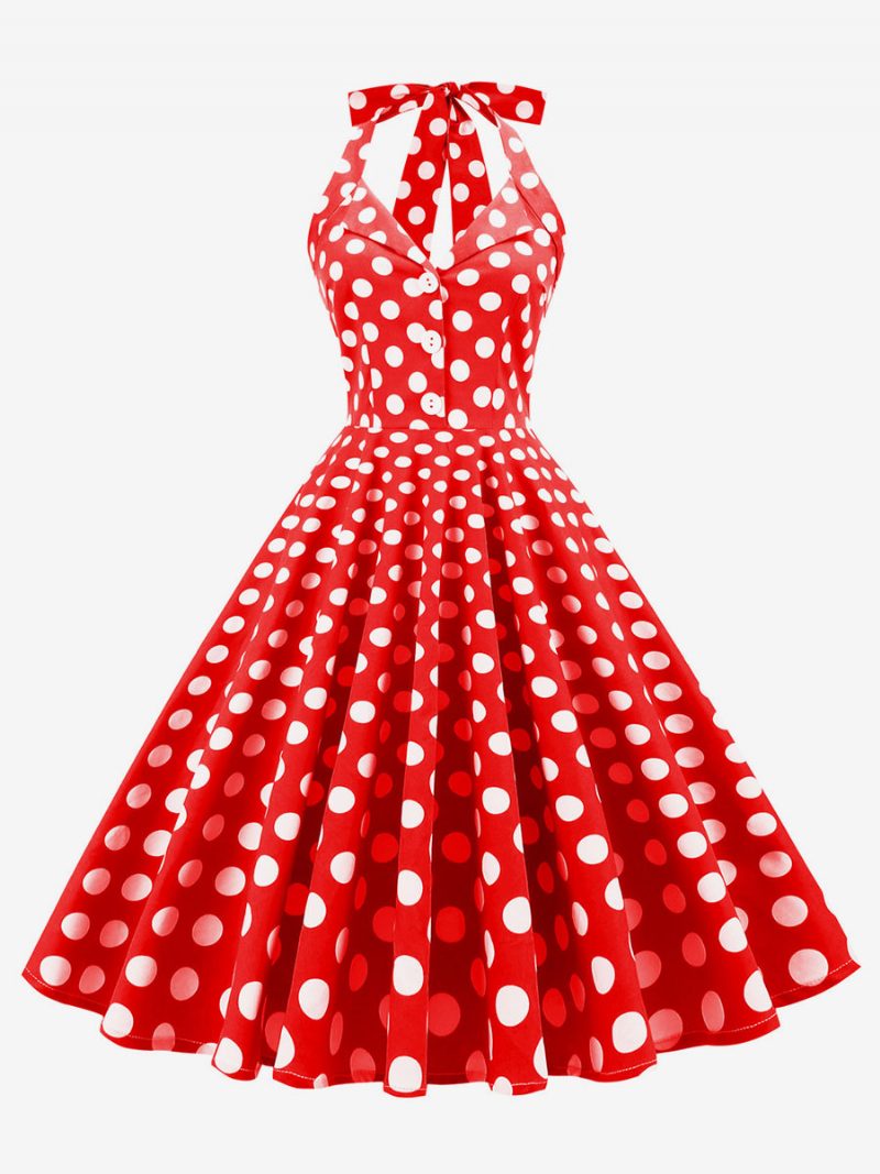 Retro-kleid Im Audrey-hepburn-stil Der 1950er Jahre Dunkles Marineblau Gepunktetes Damen-rockabilly-kleid Mit Knöpfen Ärmellos - Rot