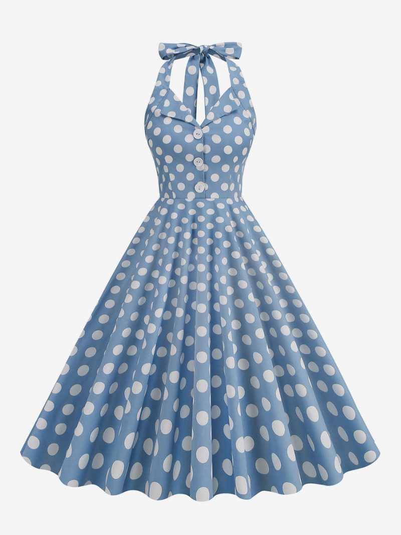 Retro-kleid Im Audrey-hepburn-stil Der 1950er Jahre Dunkles Marineblau Gepunktetes Damen-rockabilly-kleid Mit Knöpfen Ärmellos - Helles Himmelblau