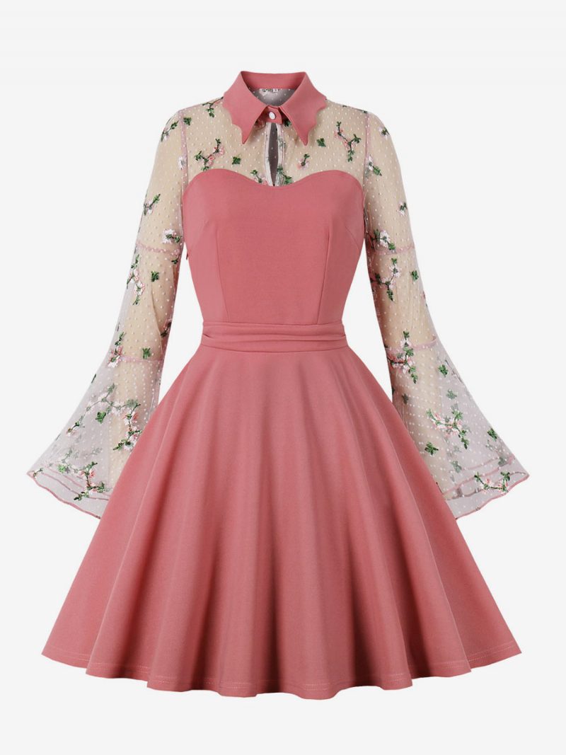 Retro-kleid Im Audrey-hepburn-stil Der 1950er Jahre Lange Ärmel Knielanges Zweifarbiges Rockabilly-kleid Für Damen - Rosa