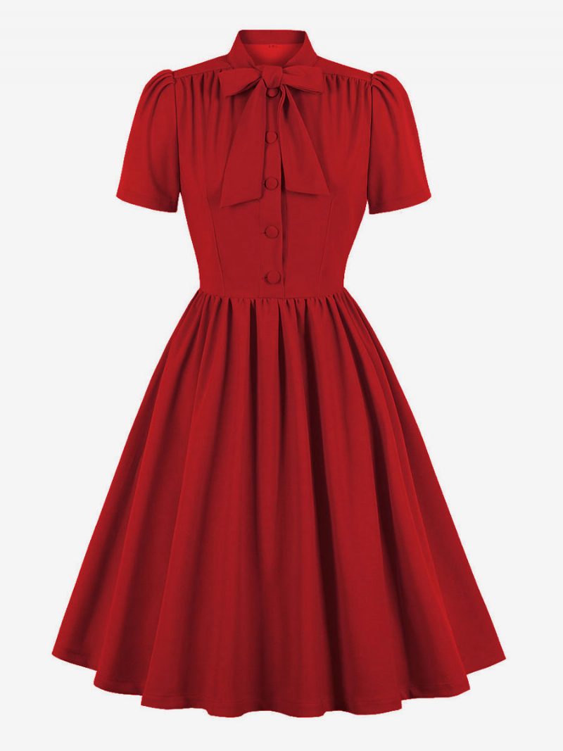 Retro-kleid Im Audrey-hepburn-stil Der 1950er Jahre Marineblaues Damen-swingkleid Mit Kurzen Ärmeln - Rot