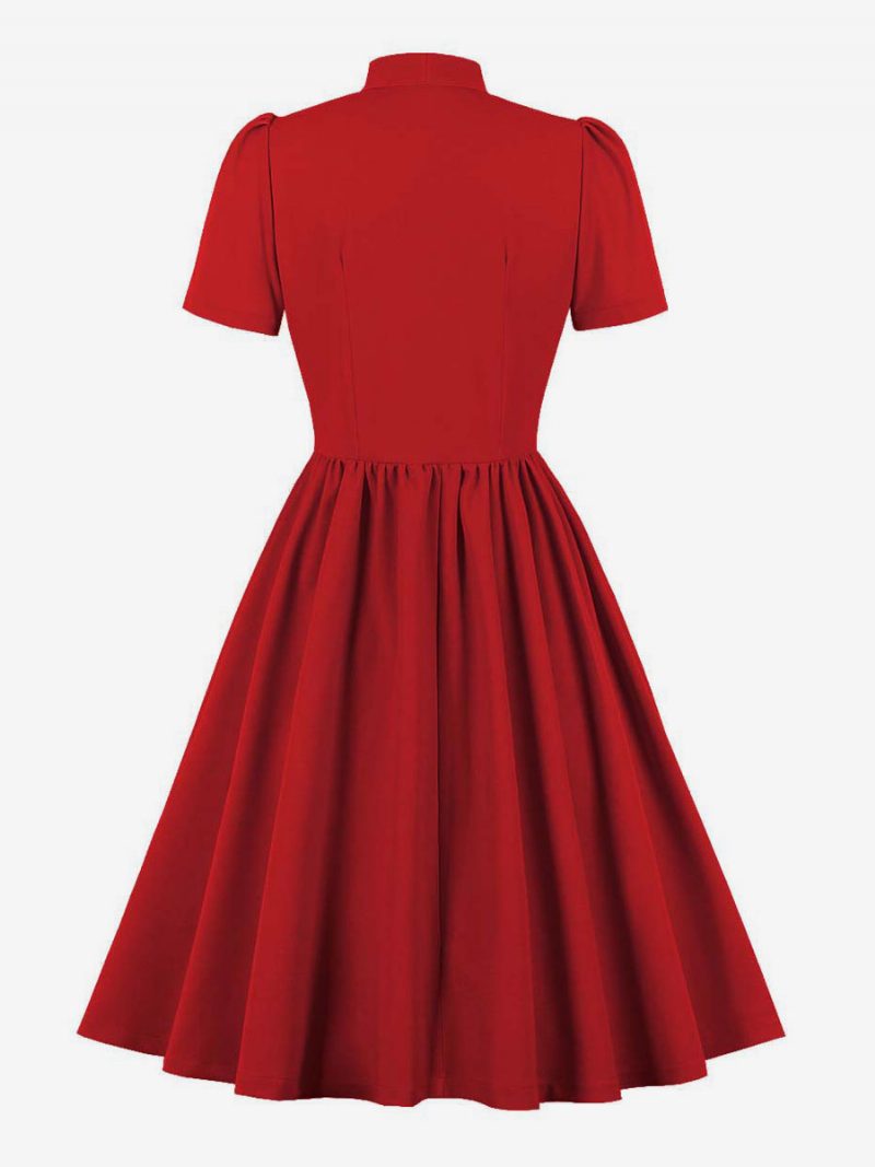 Retro-kleid Im Audrey-hepburn-stil Der 1950er Jahre Marineblaues Damen-swingkleid Mit Kurzen Ärmeln - Rot