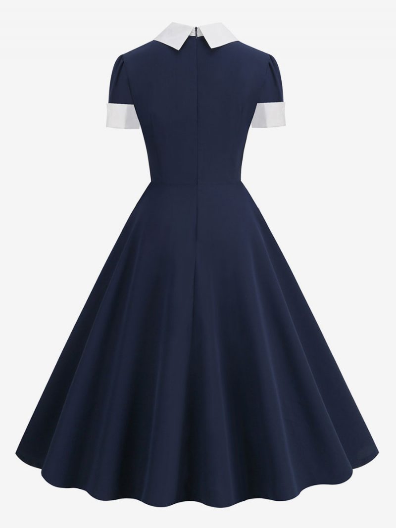 Retro-kleid Im Audrey-hepburn-stil Der 1950er-jahre Peter-pan-kragen Kurze Ärmel Mittelgroßes Zweifarbiges Swing-kleid Für Damen - Dunkles Marineblau