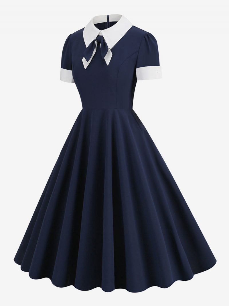 Retro-kleid Im Audrey-hepburn-stil Der 1950er-jahre Peter-pan-kragen Kurze Ärmel Mittelgroßes Zweifarbiges Swing-kleid Für Damen - Dunkles Marineblau