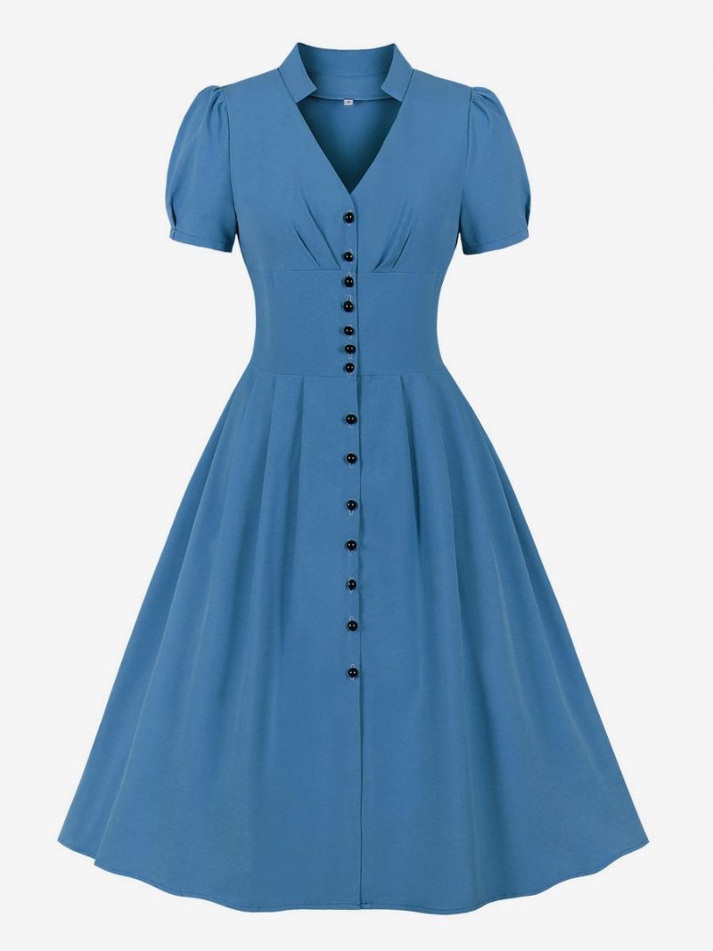 Retro-kleid Im Audrey-hepburn-stil Der 1950er Jahre Rosafarbenes Damen-swingkleid Mit Kurzen Ärmeln Und V-ausschnitt - Blau