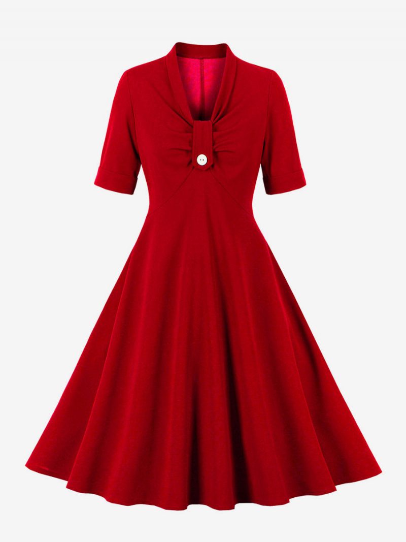 Retro-kleid Im Audrey-hepburn-stil Der 1950er Jahre Rotes Damen-rockabilly-kleid Mit Kurzen Ärmeln - Rot