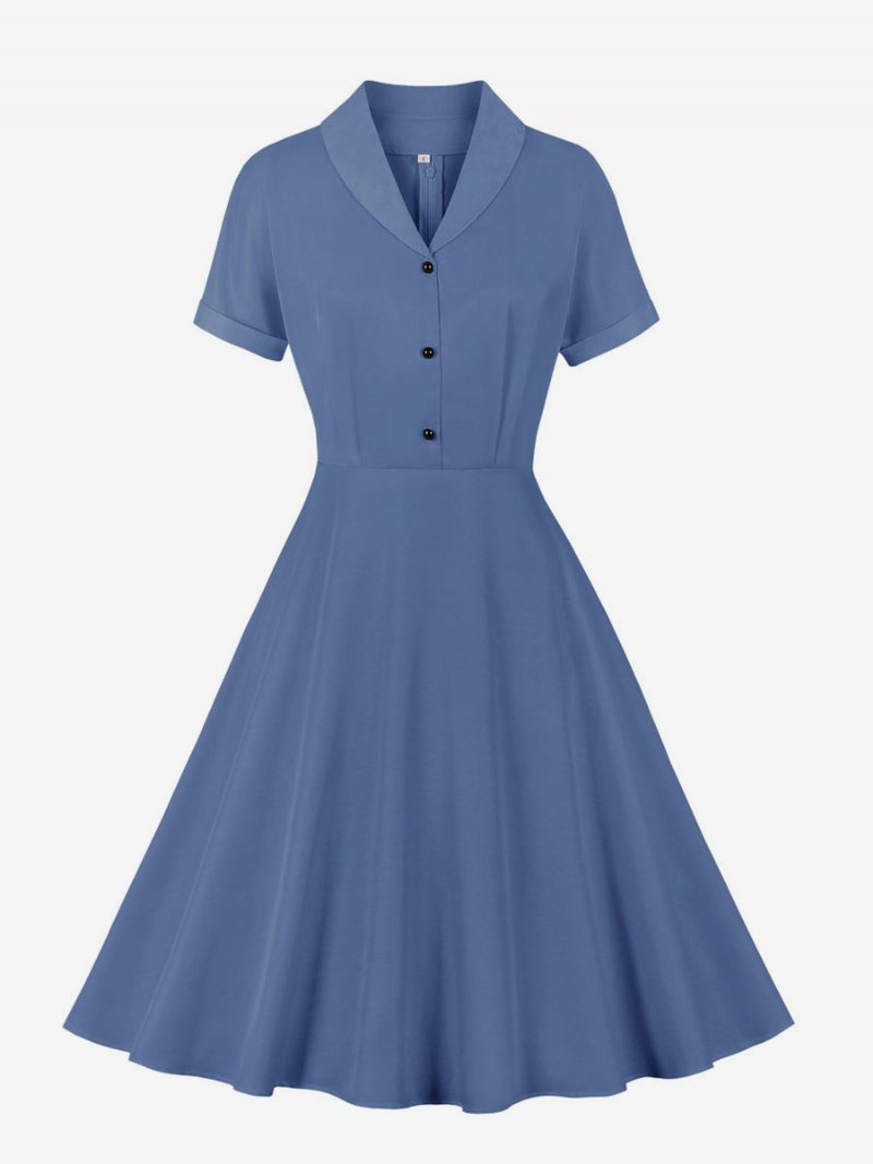 Retro-kleid Im Audrey-hepburn-stil Der 1950er-jahre V-ausschnitt Kurze Ärmel Knielanges Damen-rockabilly-kleid - Blau