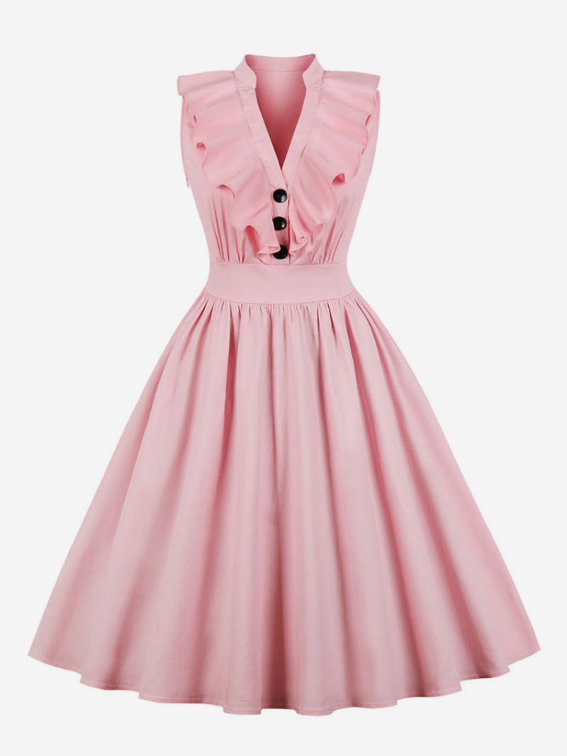 Rosa Vintage-kleid Für Damen V-ausschnitt Rüschen Knöpfe Baumwolle Swing-sommerkleid