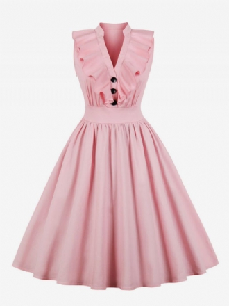 Rosa Vintage-kleid Für Damen V-ausschnitt Rüschen Knöpfe Baumwolle Swing-sommerkleid