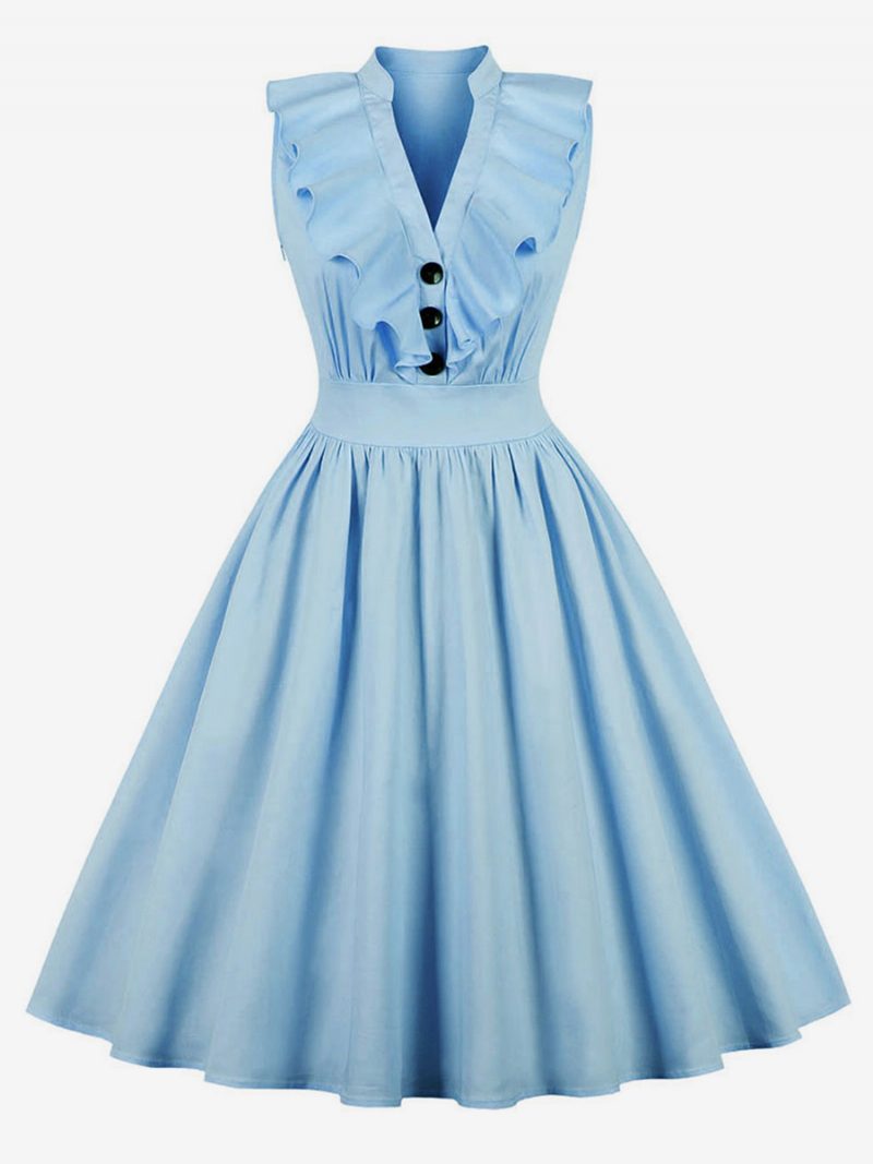 Rosa Vintage-kleid Für Damen V-ausschnitt Rüschen Knöpfe Baumwolle Swing-sommerkleid - Blau