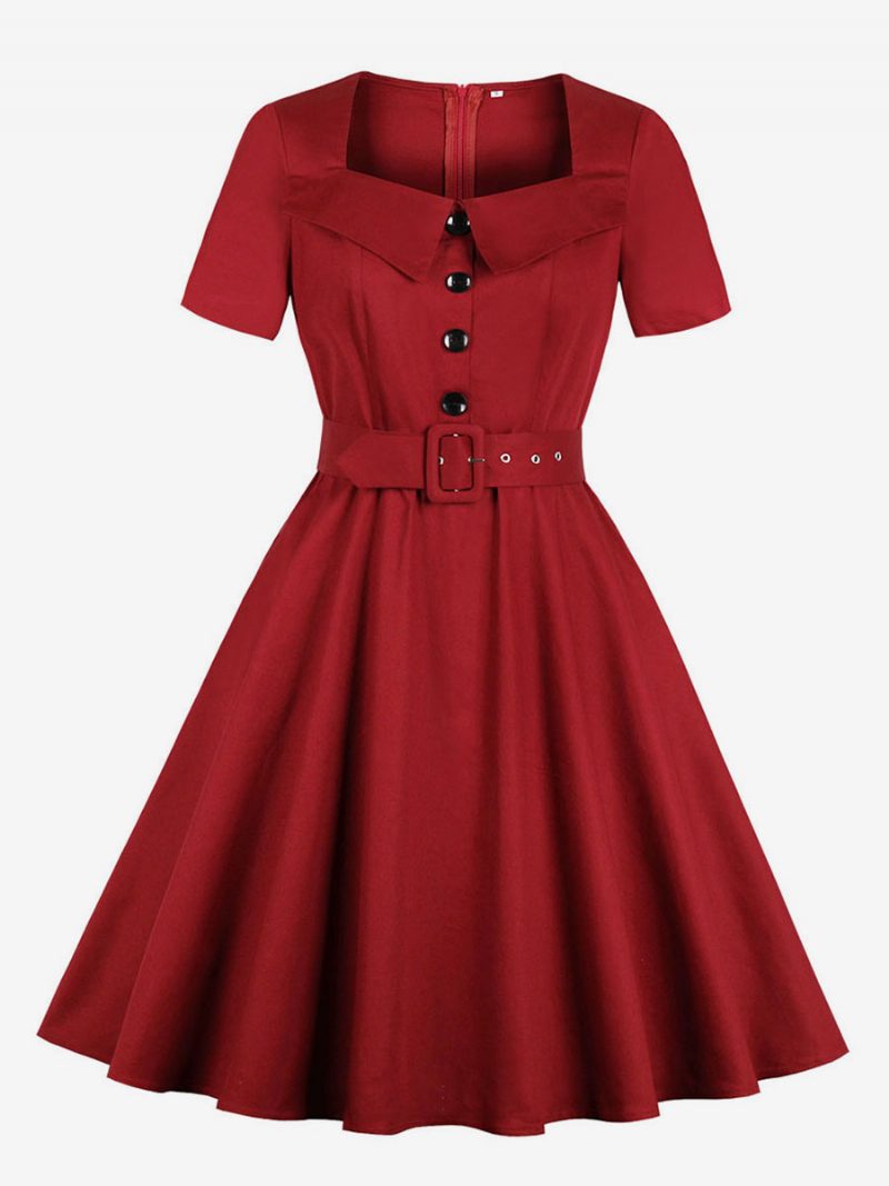 Rotes Vintage-kleid Für Damen Im Audrey-hepburn-stil Der 1950er-jahre Quadratischer Ausschnitt Kurze Ärmel Knöpfe Retro-kleid