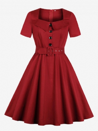 Rotes Vintage-kleid Für Damen Im Audrey-hepburn-stil Der 1950er-jahre Quadratischer Ausschnitt Kurze Ärmel Knöpfe Retro-kleid