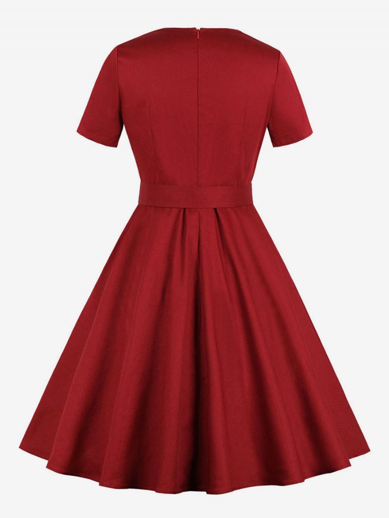 Rotes Vintage-kleid Für Damen Im Audrey-hepburn-stil Der 1950er-jahre Quadratischer Ausschnitt Kurze Ärmel Knöpfe Retro-kleid - Dunkelrot