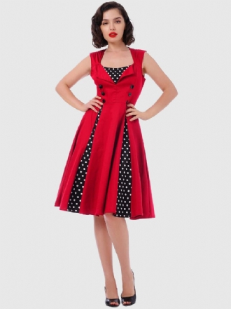 Rotes Vintage-kleid Mit Polka Dots Und Quadratischem Ausschnitt Ärmelloses Slim-fit-kreis-skaterkleid Für Damen