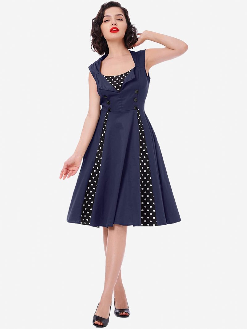 Rotes Vintage-kleid Mit Polka Dots Und Quadratischem Ausschnitt Ärmelloses Slim-fit-kreis-skaterkleid Für Damen - Dunkles Marineblau