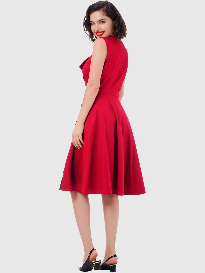 Rotes Vintage-kleid Mit Polka Dots Und Quadratischem Ausschnitt Ärmelloses Slim-fit-kreis-skaterkleid Für Damen - Rot