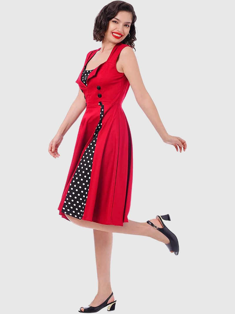 Rotes Vintage-kleid Mit Polka Dots Und Quadratischem Ausschnitt Ärmelloses Slim-fit-kreis-skaterkleid Für Damen - Rot