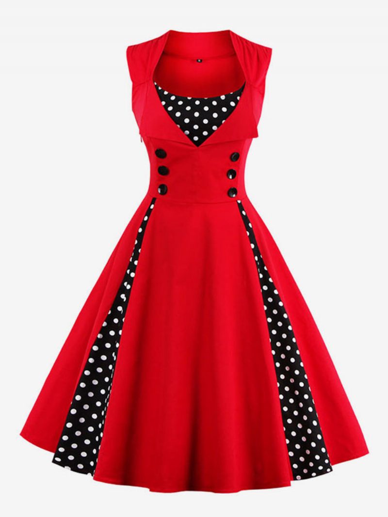 Rotes Vintage-kleid Mit Polka Dots Und Quadratischem Ausschnitt Ärmelloses Slim-fit-kreis-skaterkleid Für Damen - Rot