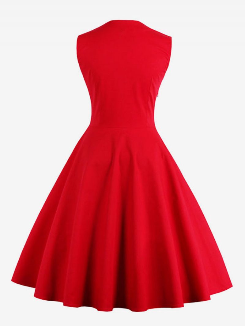 Rotes Vintage-kleid Mit Polka Dots Und Quadratischem Ausschnitt Ärmelloses Slim-fit-kreis-skaterkleid Für Damen - Rot