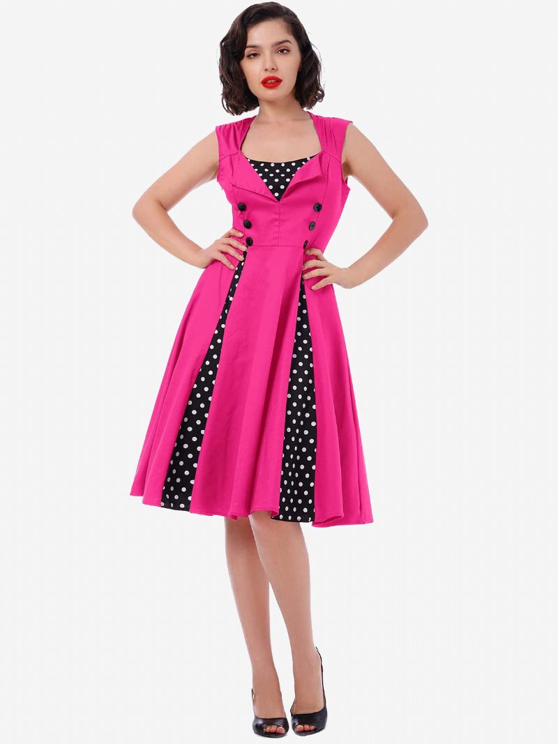 Rotes Vintage-kleid Mit Polka Dots Und Quadratischem Ausschnitt Ärmelloses Slim-fit-kreis-skaterkleid Für Damen - Rose