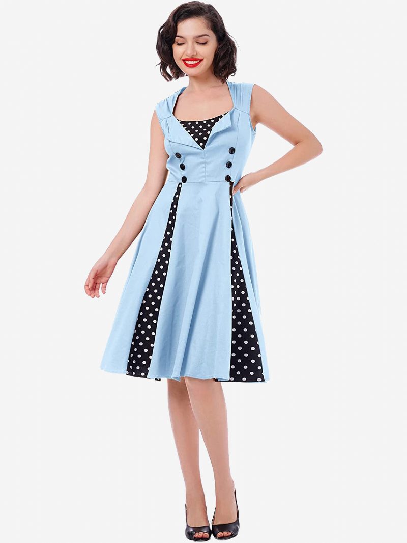 Rotes Vintage-kleid Mit Polka Dots Und Quadratischem Ausschnitt Ärmelloses Slim-fit-kreis-skaterkleid Für Damen - Blau