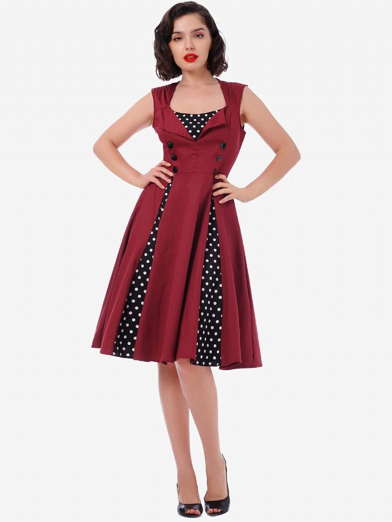 Rotes Vintage-kleid Mit Polka Dots Und Quadratischem Ausschnitt Ärmelloses Slim-fit-kreis-skaterkleid Für Damen - Burgund