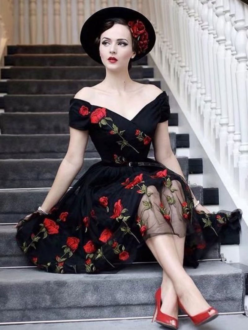 Schwarzes Schulterfreies Vintage-kleid Aus Tüll Mit Blumenstickerei Im Audrey-hepburn-stil Der 1950er-jahre Für Damen