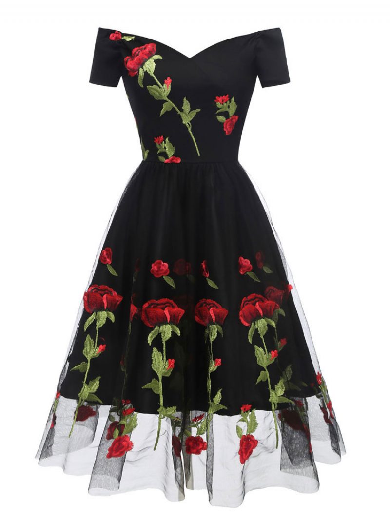 Schwarzes Schulterfreies Vintage-kleid Aus Tüll Mit Blumenstickerei Im Audrey-hepburn-stil Der 1950er-jahre Für Damen - Schwarz