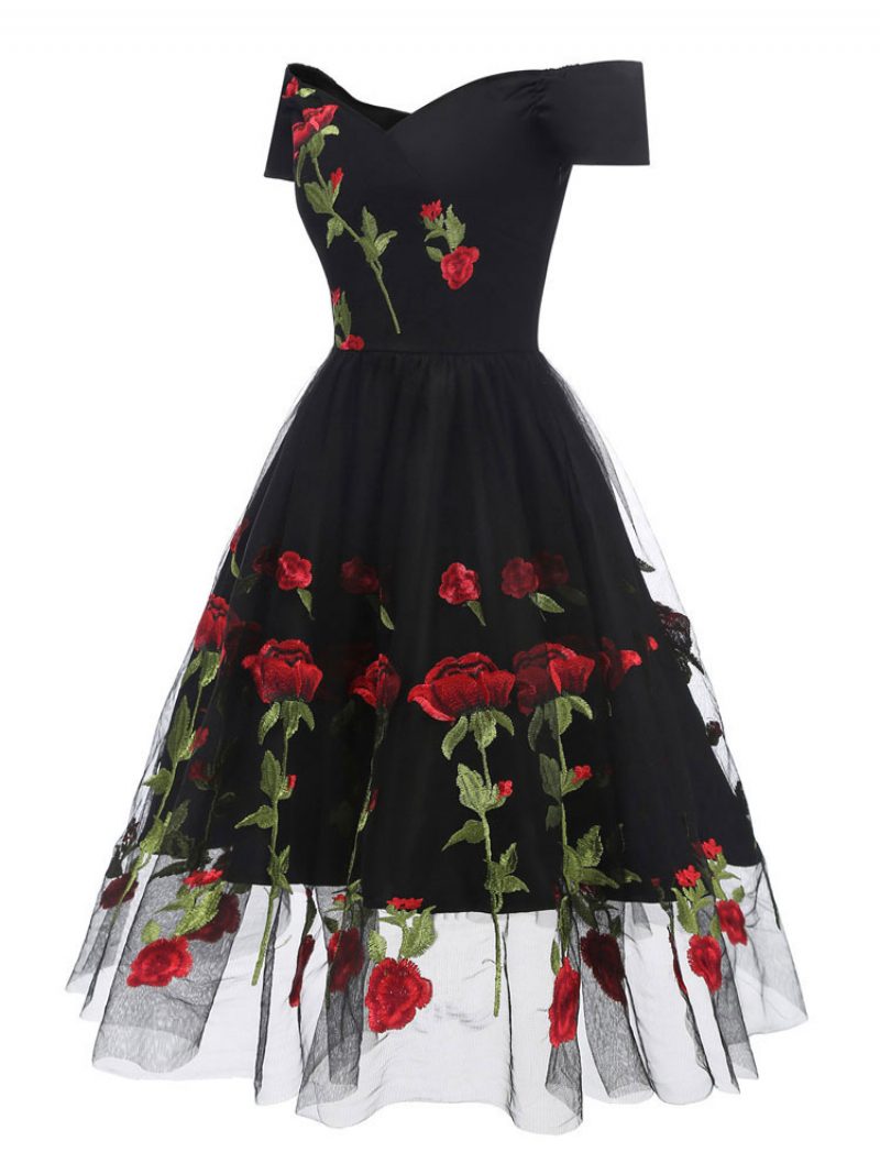 Schwarzes Schulterfreies Vintage-kleid Aus Tüll Mit Blumenstickerei Im Audrey-hepburn-stil Der 1950er-jahre Für Damen - Schwarz