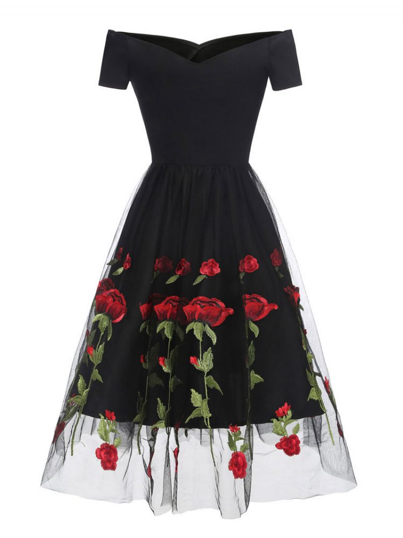 Schwarzes Schulterfreies Vintage-kleid Aus Tüll Mit Blumenstickerei Im Audrey-hepburn-stil Der 1950er-jahre Für Damen - Schwarz