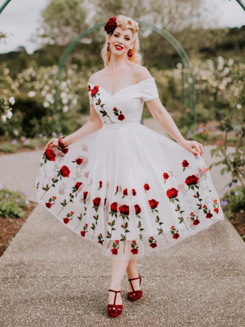 Schwarzes Schulterfreies Vintage-kleid Aus Tüll Mit Blumenstickerei Im Audrey-hepburn-stil Der 1950er-jahre Für Damen - Weiß