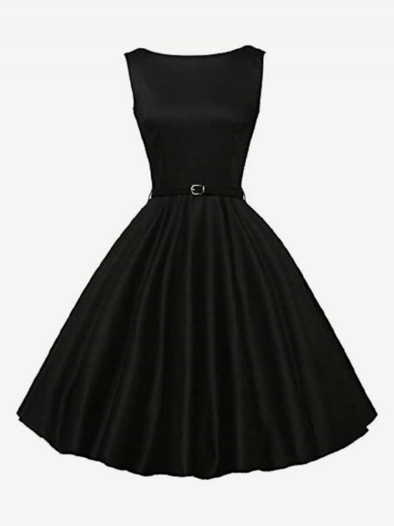 Schwarzes Vintage-kleid Der 1950er-jahre Ärmelloses Rockabilly-kleid Mit Juwelenhals Für Damen