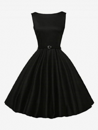 Schwarzes Vintage-kleid Der 1950er-jahre Ärmelloses Rockabilly-kleid Mit Juwelenhals Für Damen