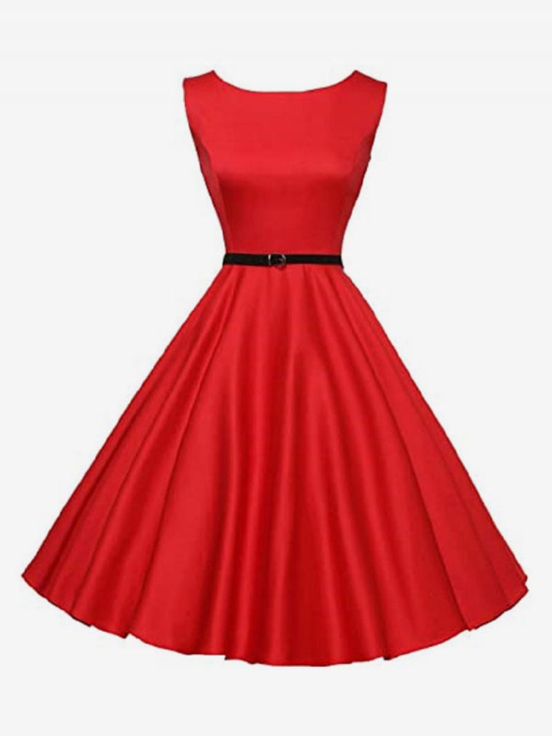 Schwarzes Vintage-kleid Der 1950er-jahre Ärmelloses Rockabilly-kleid Mit Juwelenhals Für Damen - Ture Rot