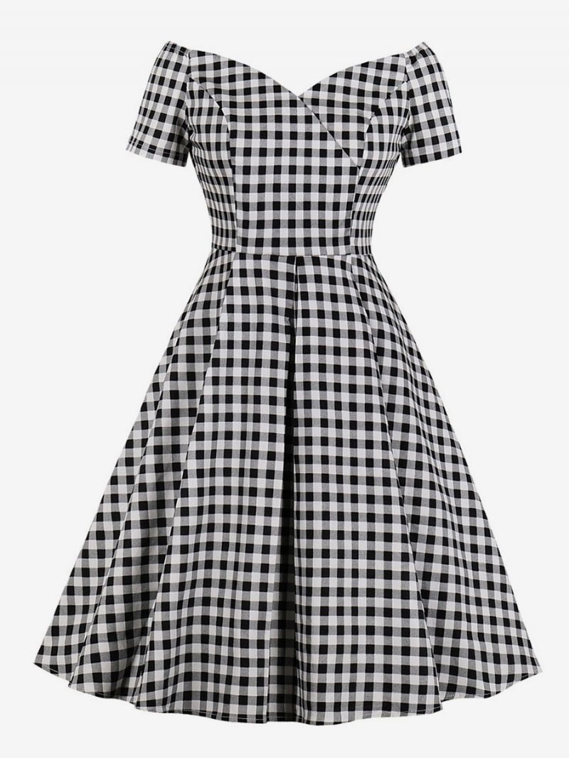 Schwarzes Vintage-kleid Für Damen Im Audrey-hepburn-stil Der 1950er-jahre Kurzärmlig V-ausschnitt Kariertes Retro-kleid