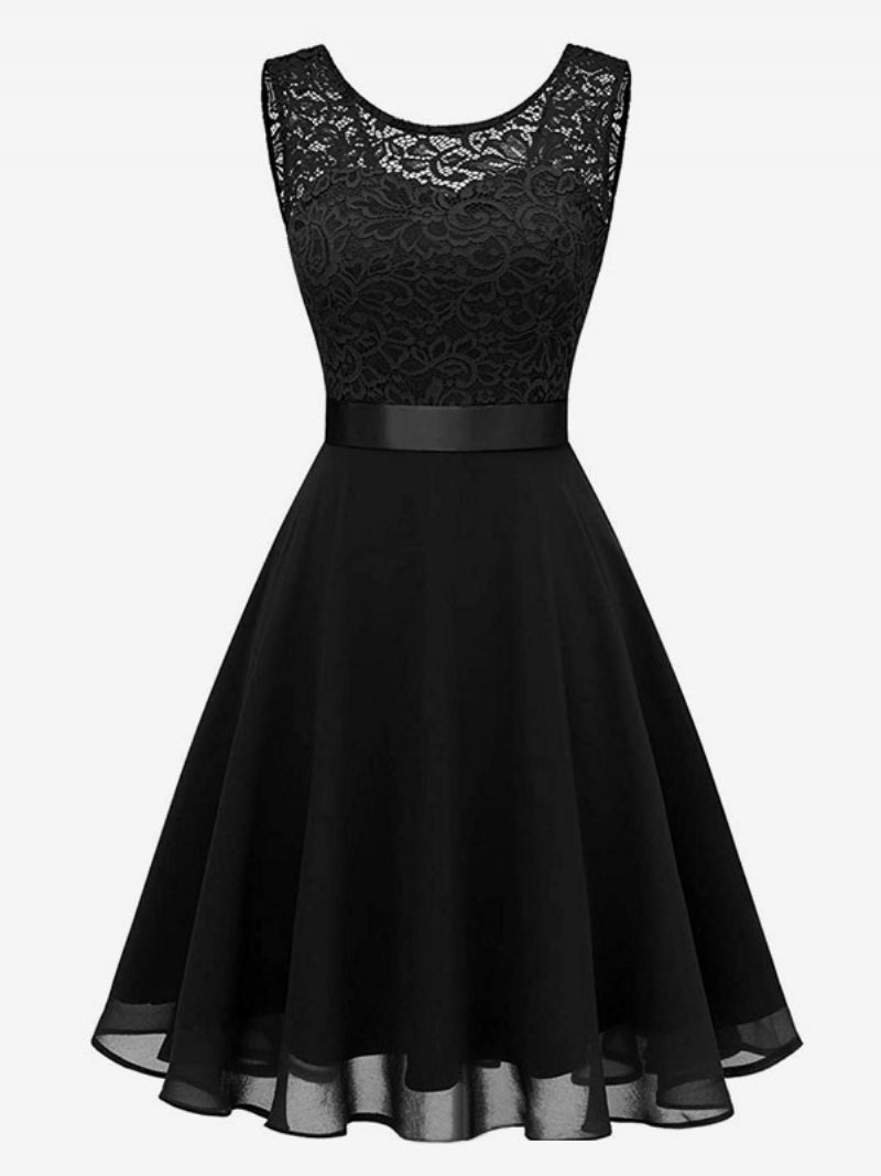 Vintage-damenkleid Im Audrey-hepburn-stil Der 1950er-jahre Mit Schleifen Am Hals Mehrlagig Ärmellos Mittelrosa Rockabilly-kleid - Schwarz